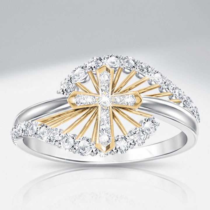 TWO-TONE CROSS SILVER RING WITH ZIRCON STONES