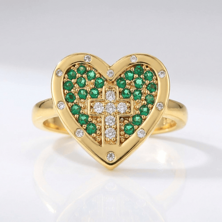COLORFUL HEART & CROSS SILVER RING - (ADJUSTABLE)