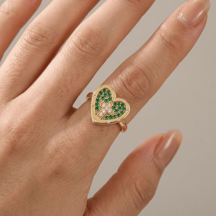 COLORFUL HEART & CROSS SILVER RING - (ADJUSTABLE)