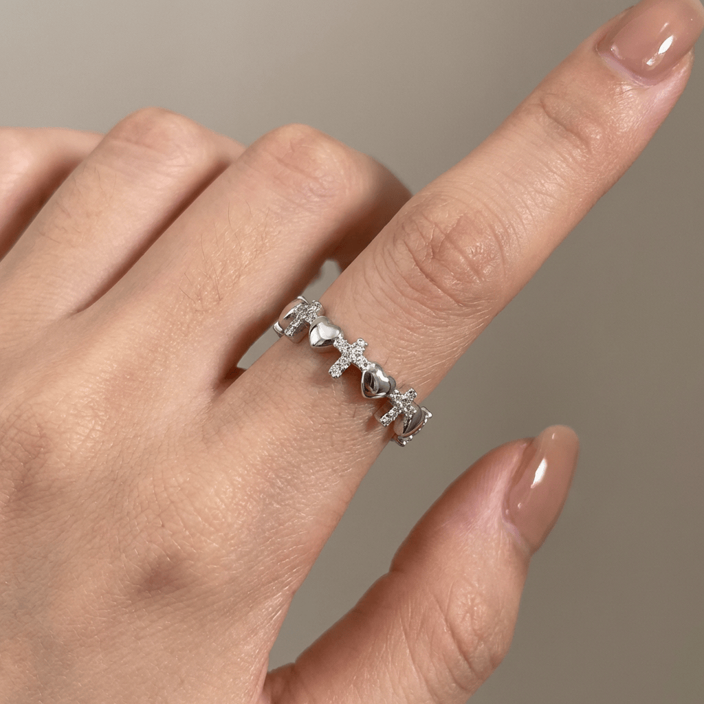 SILVER CROSS & HEARTS RING