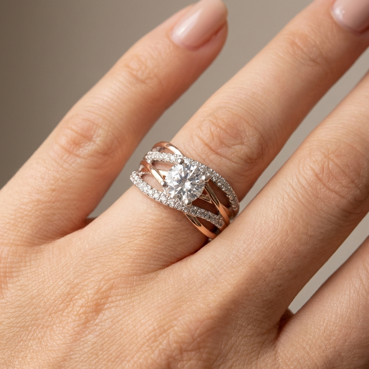 ROSE GOLD ROUND DIAMOND CROSSOVER RING