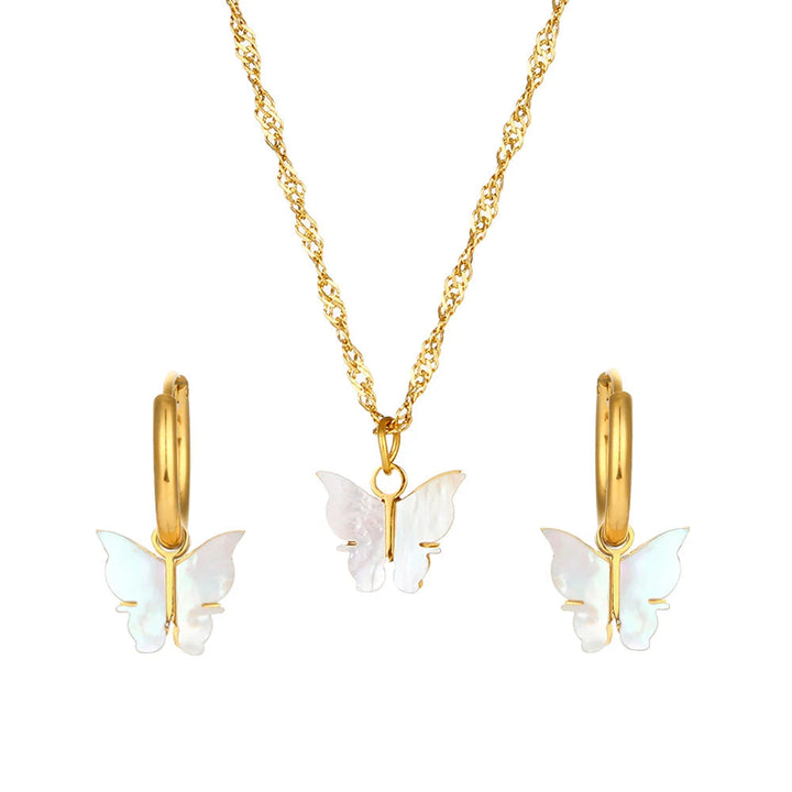 Butterfly Mother of Pearl Necklace and Earrings Set