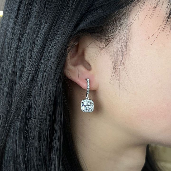 Square Halo Moissanite Drop Earrings | White Gold 16k