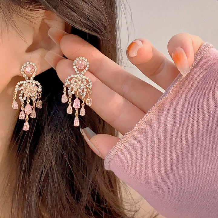 Shiny Pink Tassel Earrings