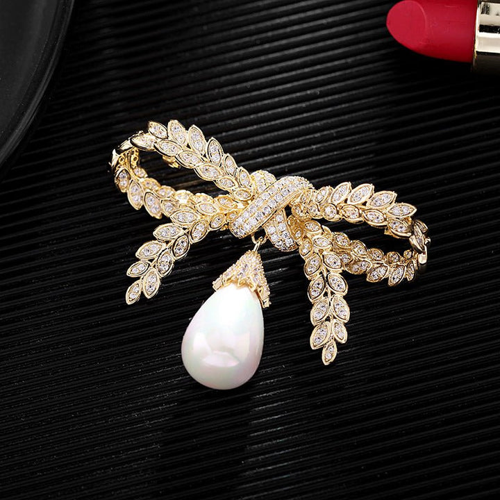 Pearl Drop Bow Brooch