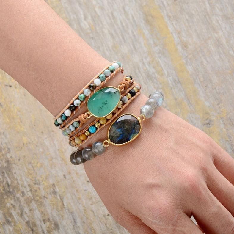 Green Jade Oval Charm Wrap Bracelet