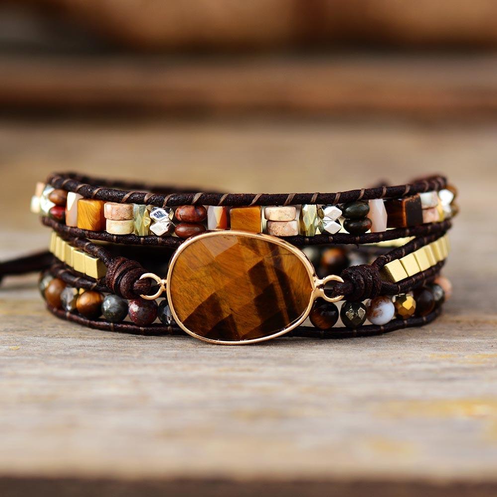 Jasper & Tiger’s Eye Oval Charm Wrap Bracelet