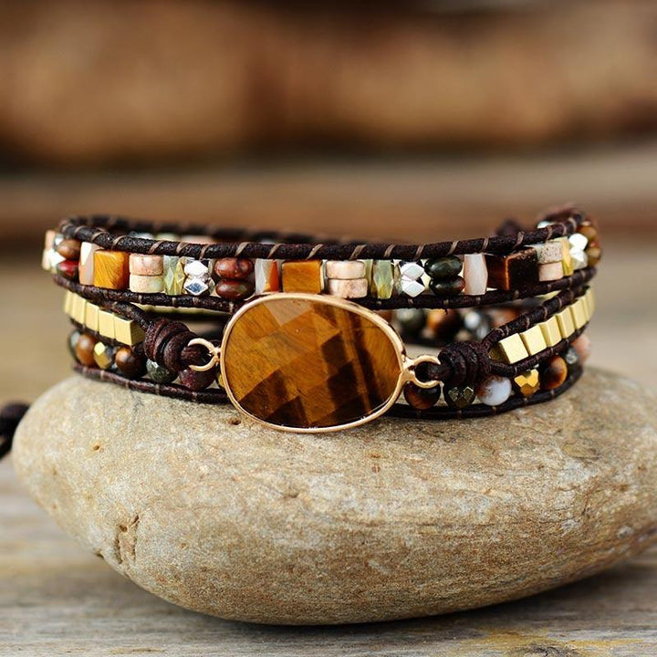 Jasper & Tiger’s Eye Oval Charm Wrap Bracelet