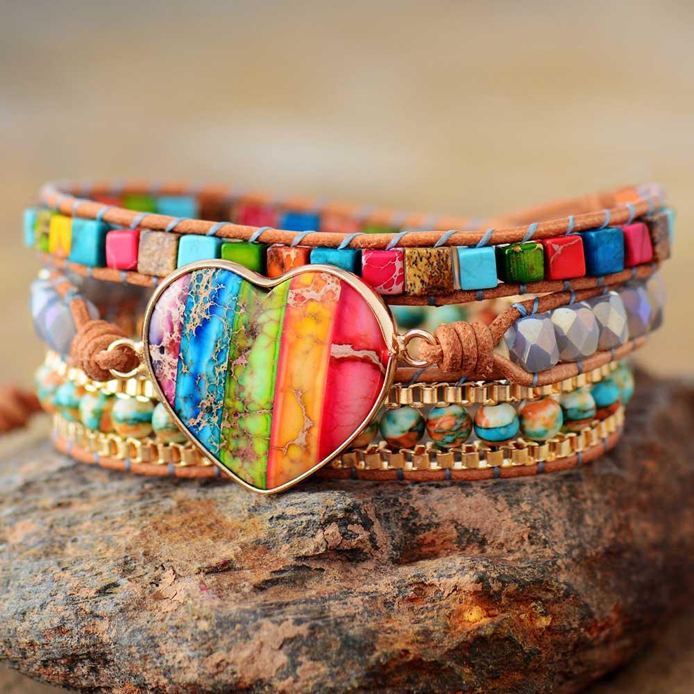 Rainbow Jasper Heart Charm Wrap Bracelet – Earth