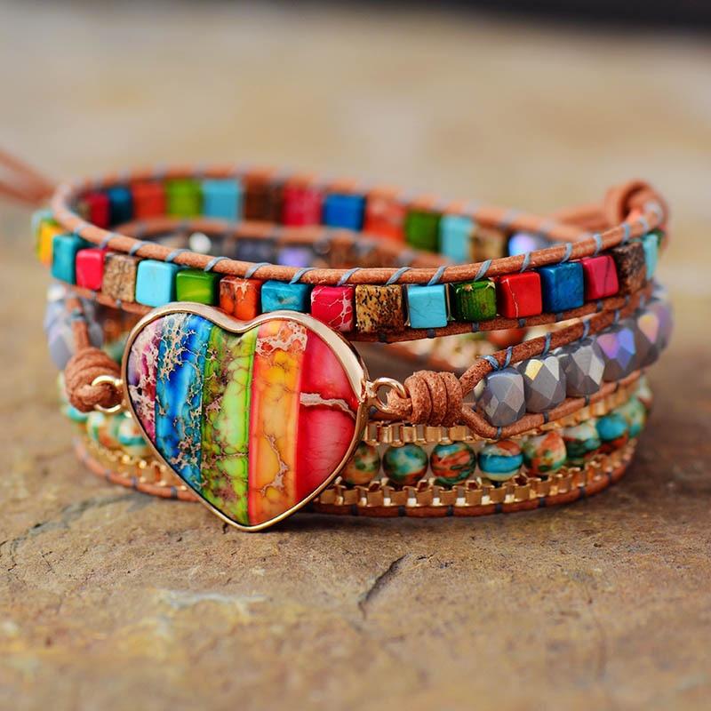 Rainbow Jasper Heart Charm Wrap Bracelet – Earth