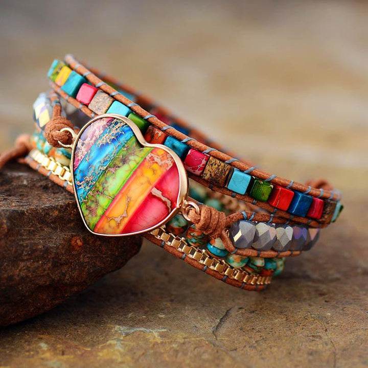 Rainbow Jasper Heart Charm Wrap Bracelet – Earth
