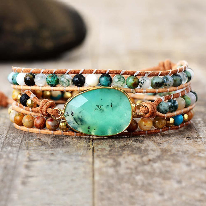 Green Jade Oval Charm Wrap Bracelet