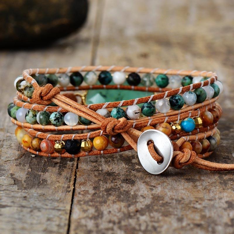 Green Jade Oval Charm Wrap Bracelet