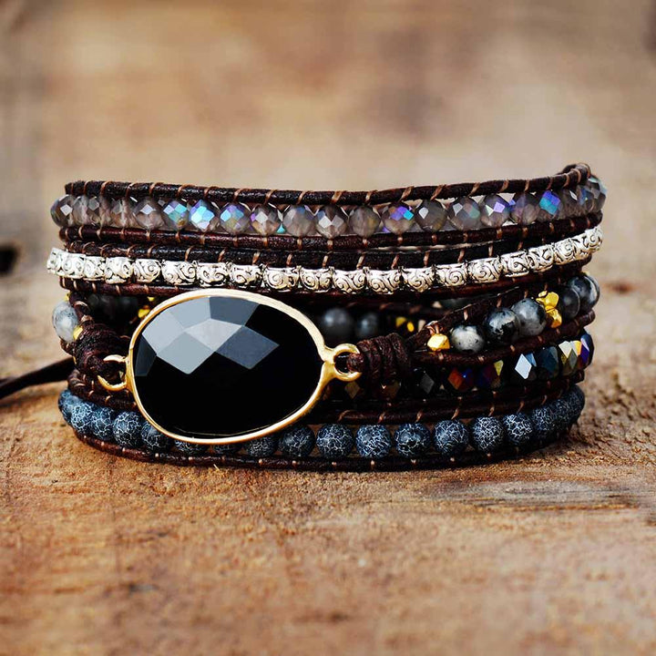 Black Onyx Oval Charm Wrap Bracelet