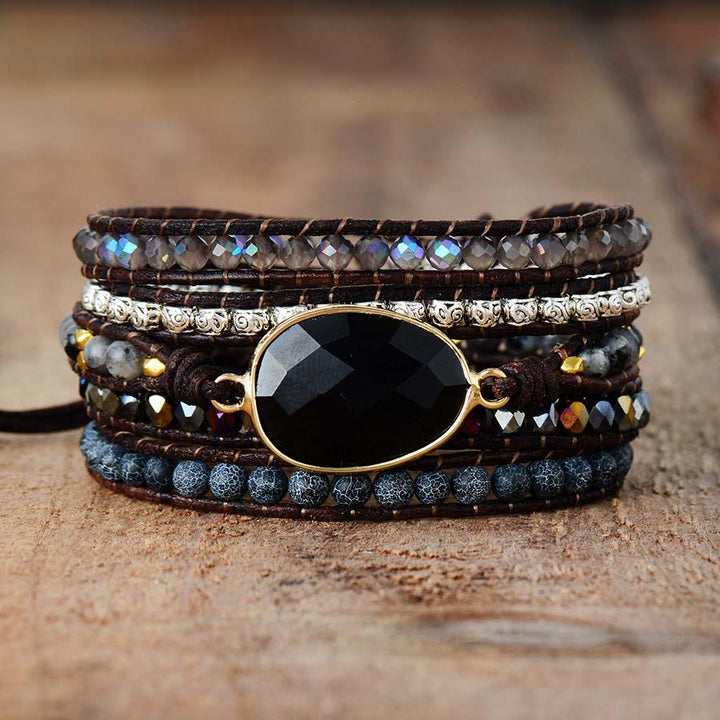 Black Onyx Oval Charm Wrap Bracelet