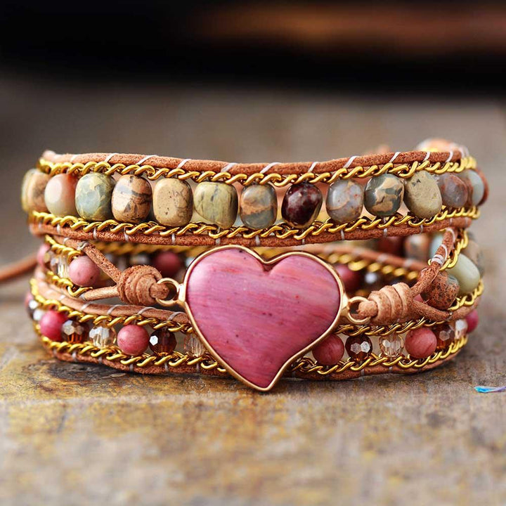 Rhodonite Heart Charm Wrap Bracelet