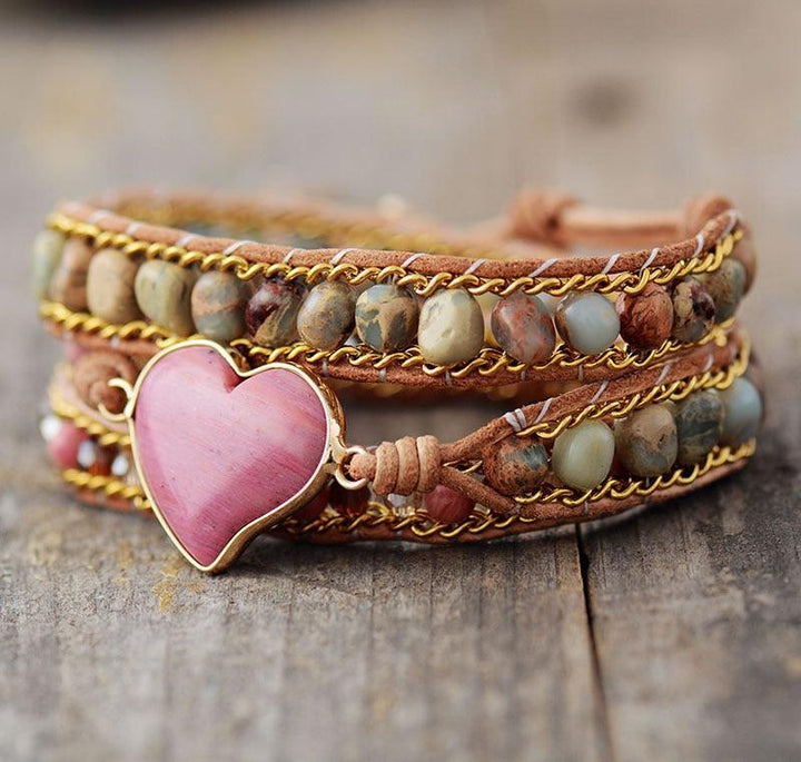 Rhodonite Heart Charm Wrap Bracelet