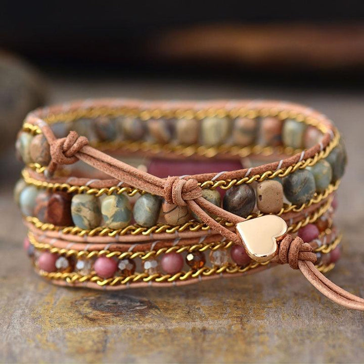 Rhodonite Heart Charm Wrap Bracelet