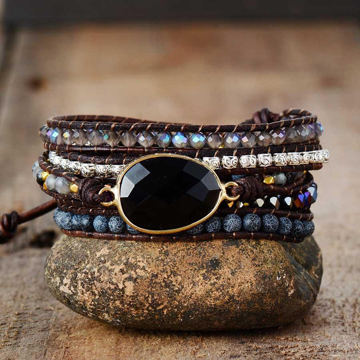 Black Onyx Oval Charm Wrap Bracelet