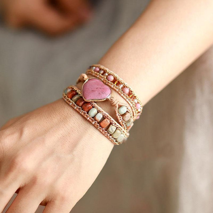 Rhodonite Heart Charm Wrap Bracelet