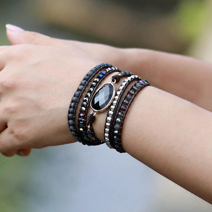 Black Onyx Oval Charm Wrap Bracelet