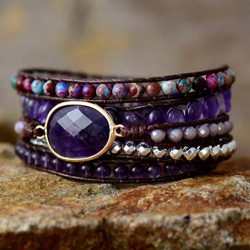 Amethyst Oval Charm Wrap Bracelet