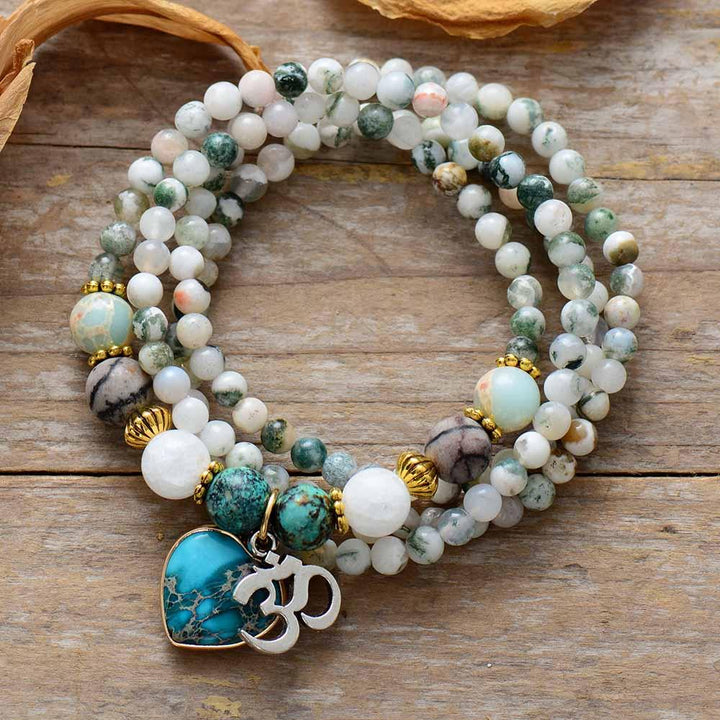 Agate & Jasper Heart OM Charm Wrap Bracelet–Necklace
