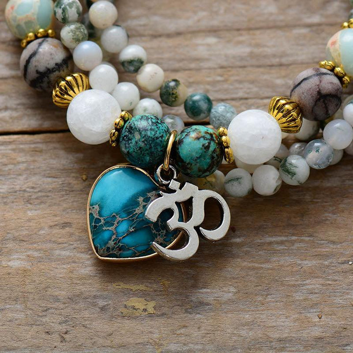Agate & Jasper Heart OM Charm Wrap Bracelet–Necklace