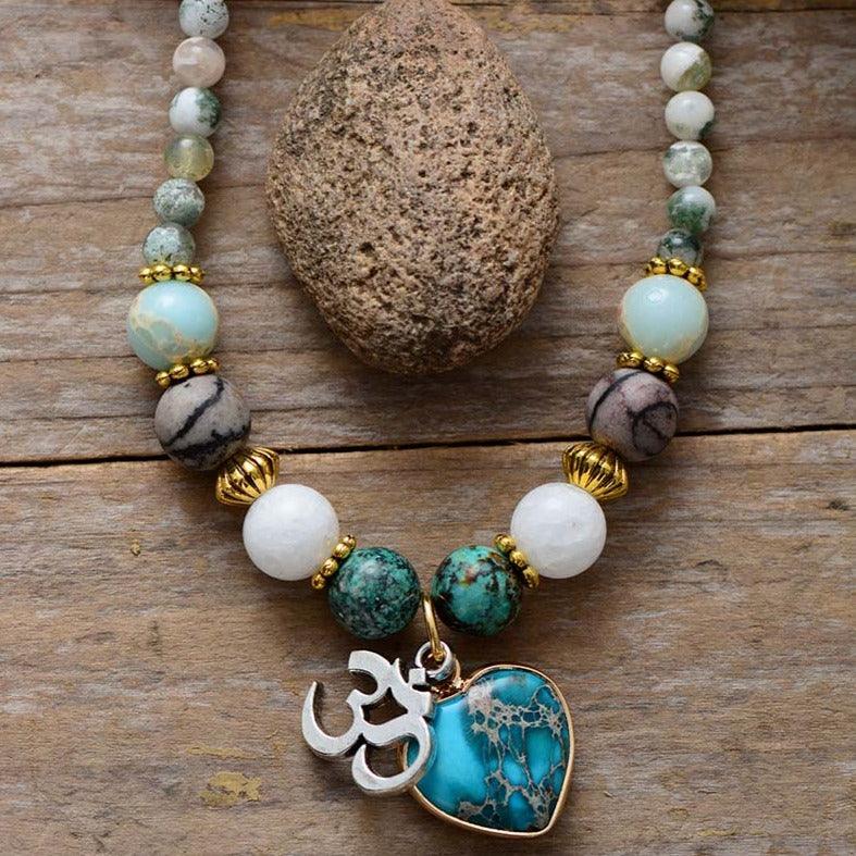 Agate & Jasper Heart OM Charm Wrap Bracelet–Necklace