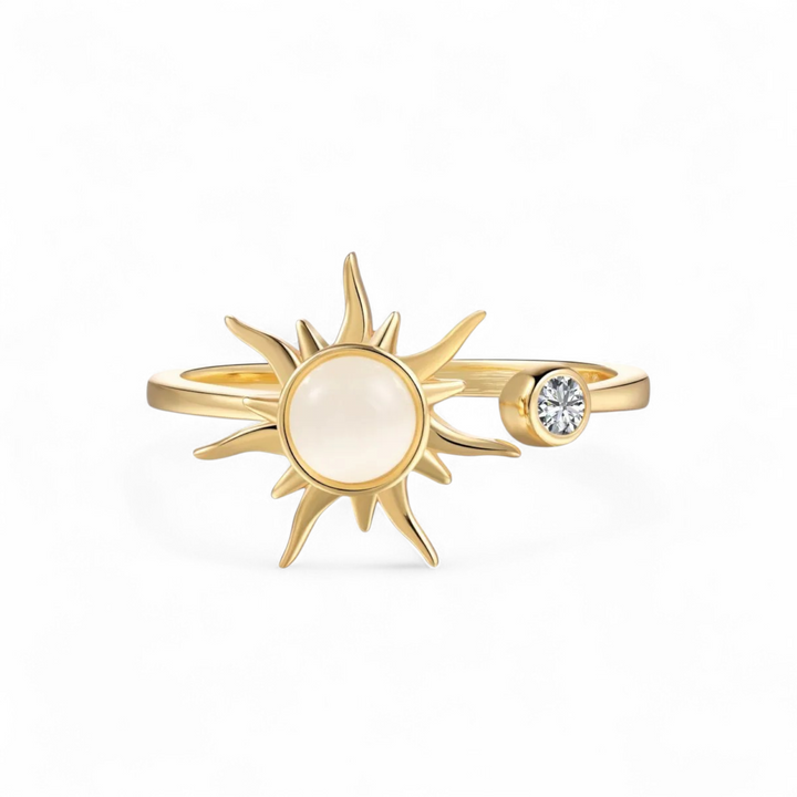 Rotating fidget anti-stress sun ring with white opal in 14 karat gold-plated copper