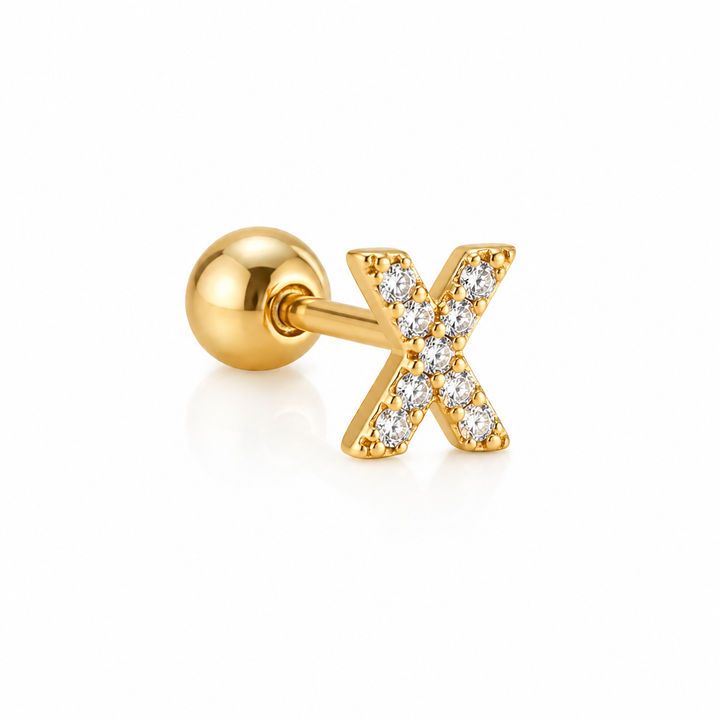 Letter earrings with zirconias and ball lock in 18 karat gold-plated stainless steel