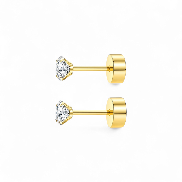 Earrings zircon 3mm with flat lock in 18 karat gold-plated steel
