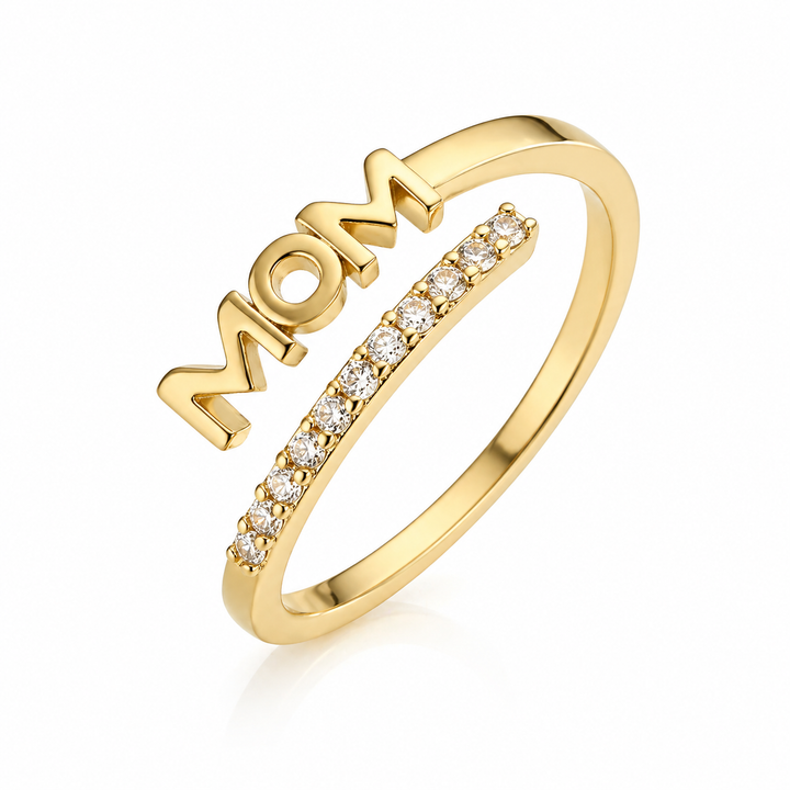 Mom ring with zirconia in 18 karat gold-plated copper
