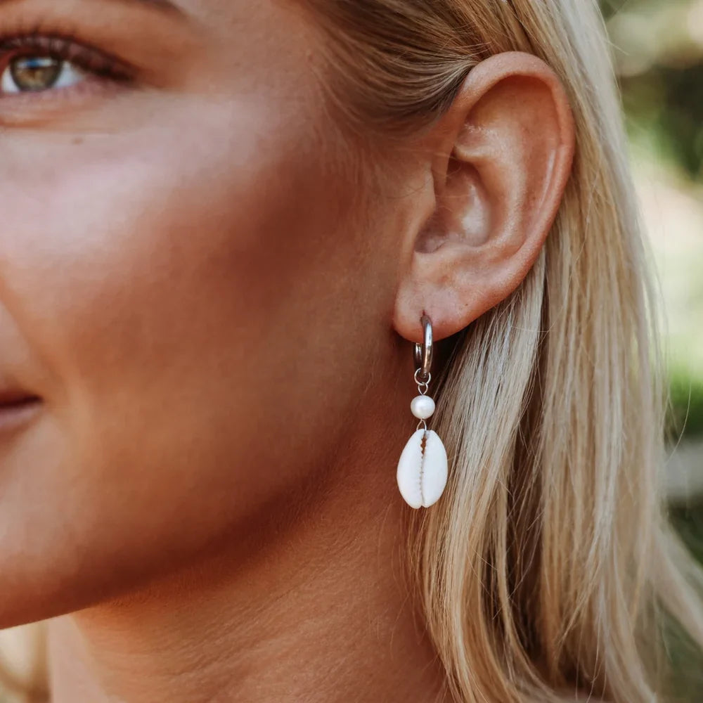 Cowrie Shell & Pearl Hoop Earrings