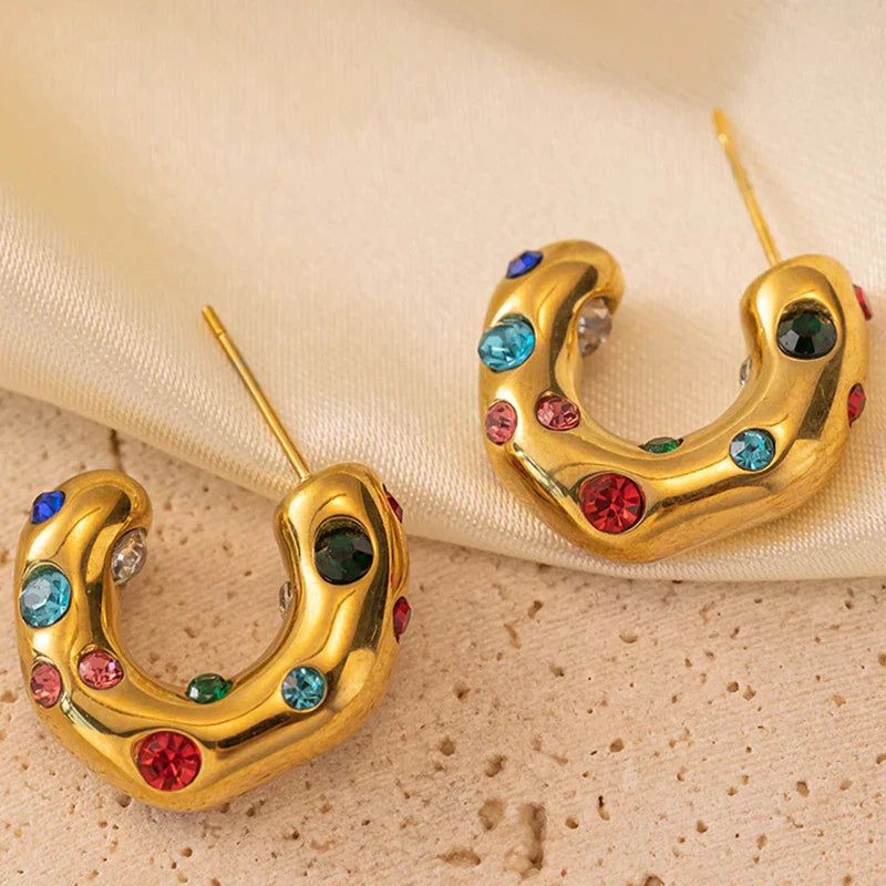 Gem-Embellished U-Shape Hoop Earrings