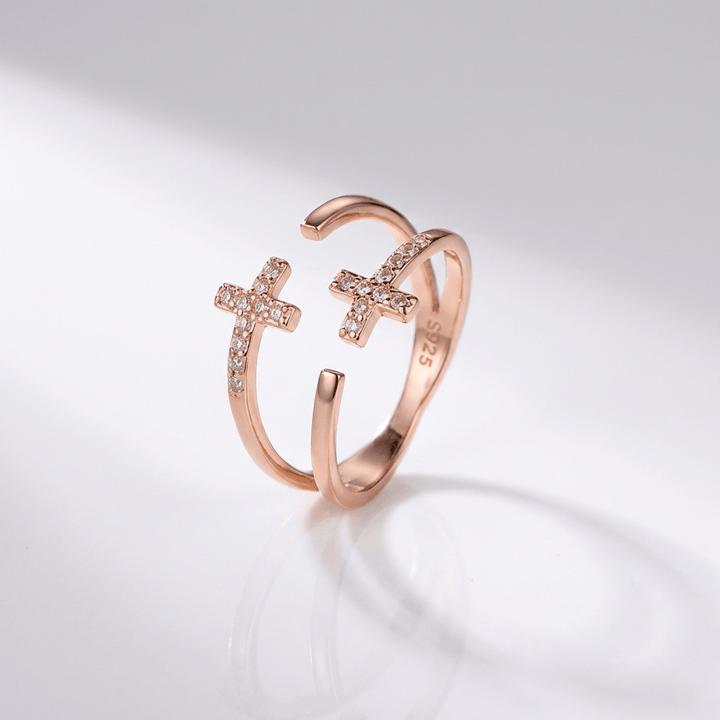 DOUBLE CROSS SILVER & DIAMOND RING - (ADJUSTABLE)